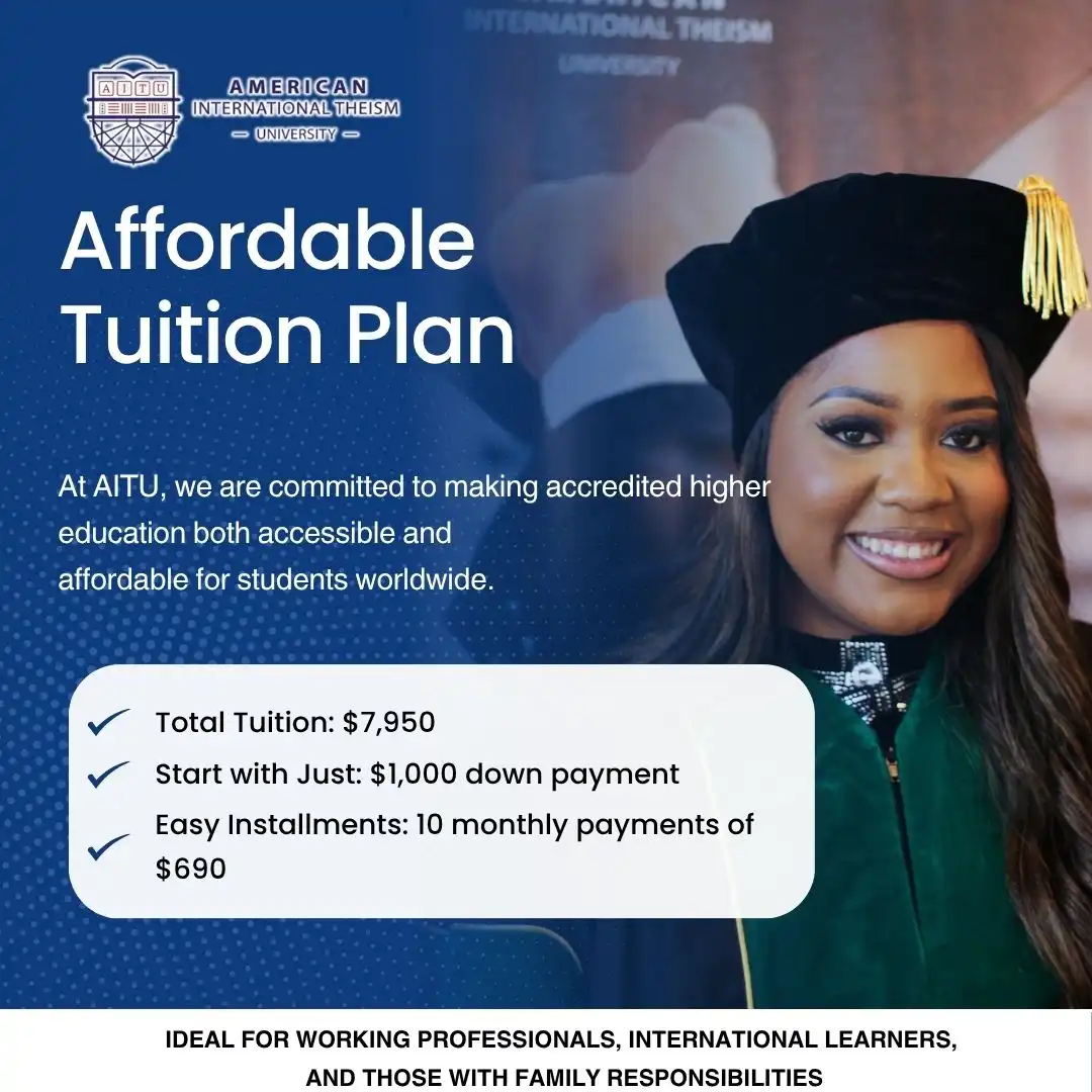Smiling female graduate in cap and gown beside AITU's affordable tuition plan details, highlighting $7,950 total cost with easy monthly payments and a $1,000 down payment.